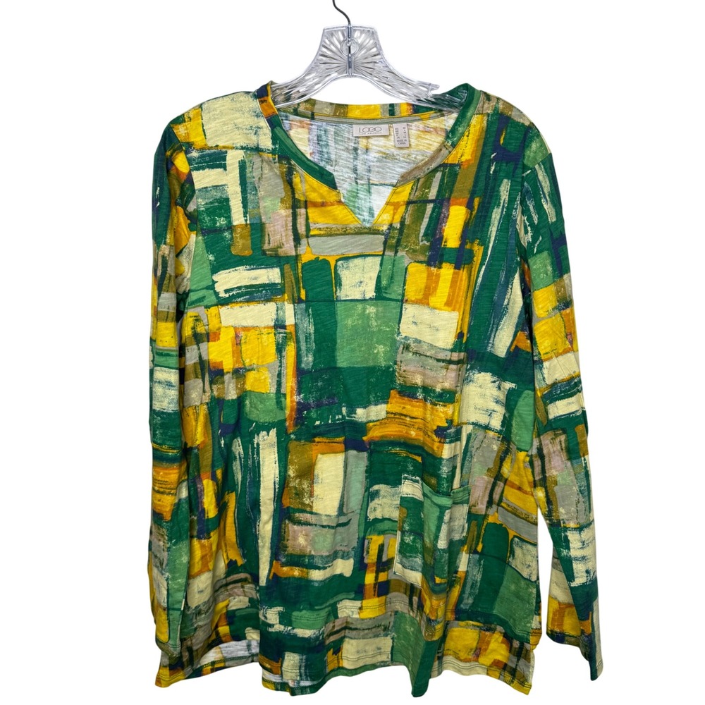 LOGO Lori Goldstein Abstract Print V Neck Long Sleeve Cotton‎ Top Women's Medium